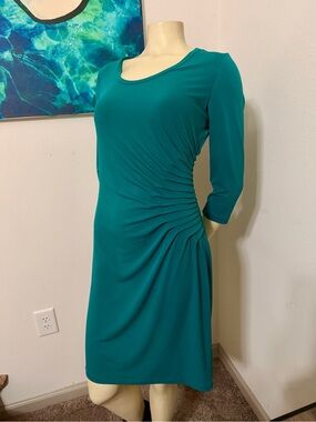 Teal Ruched Sheath Dress with Three-Quarter Sleeves by Calvin Klein